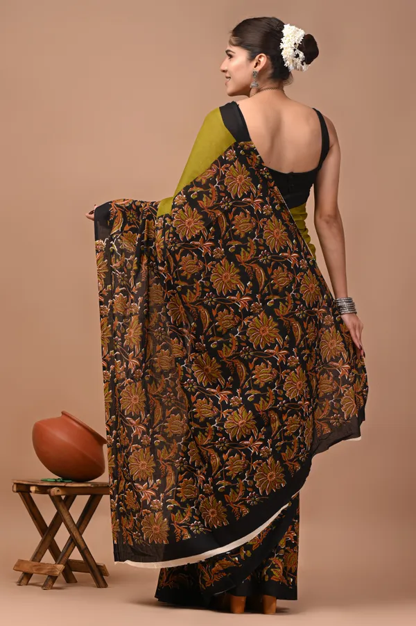 Olive_Green_And_Black_Cotton_Mulmul_Floral_Embroidered_Saree_For_Women