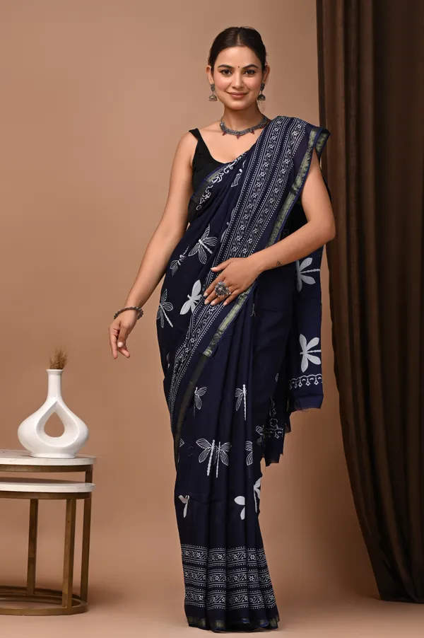 Navy_Blue_Zari_Cotton_Hand_Block_Print_Saree_For_Women