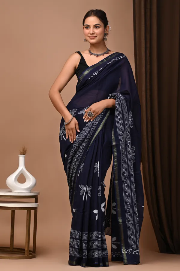 Navy_Blue_Zari_Cotton_Hand_Block_Print_Saree_For_Women