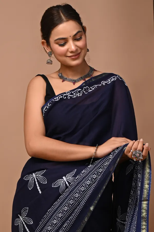 Navy_Blue_Zari_Cotton_Hand_Block_Print_Saree_For_Women