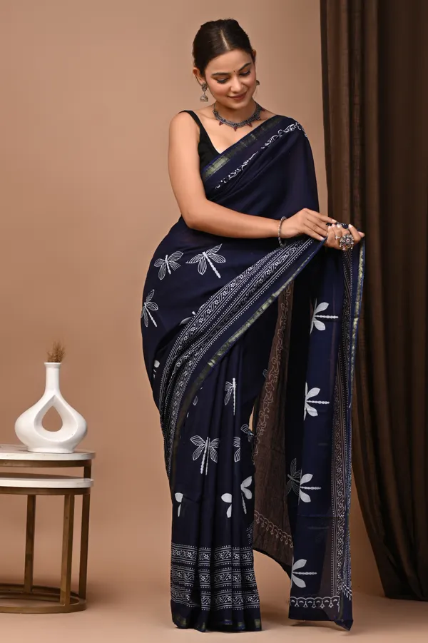 Navy_Blue_Zari_Cotton_Hand_Block_Print_Saree_For_Women