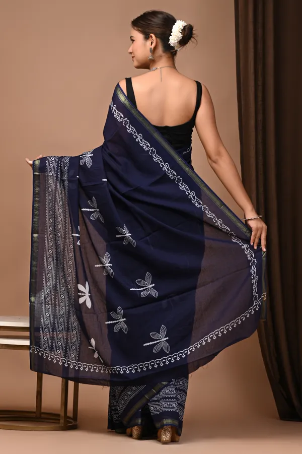 Navy_Blue_Zari_Cotton_Hand_Block_Print_Saree_For_Women