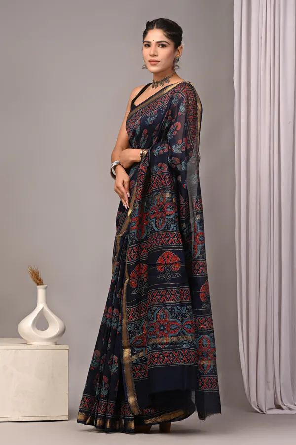 Black_Maheshwari_Silk_Ajrakh_Print_Gold_Border_Saree_For_Women