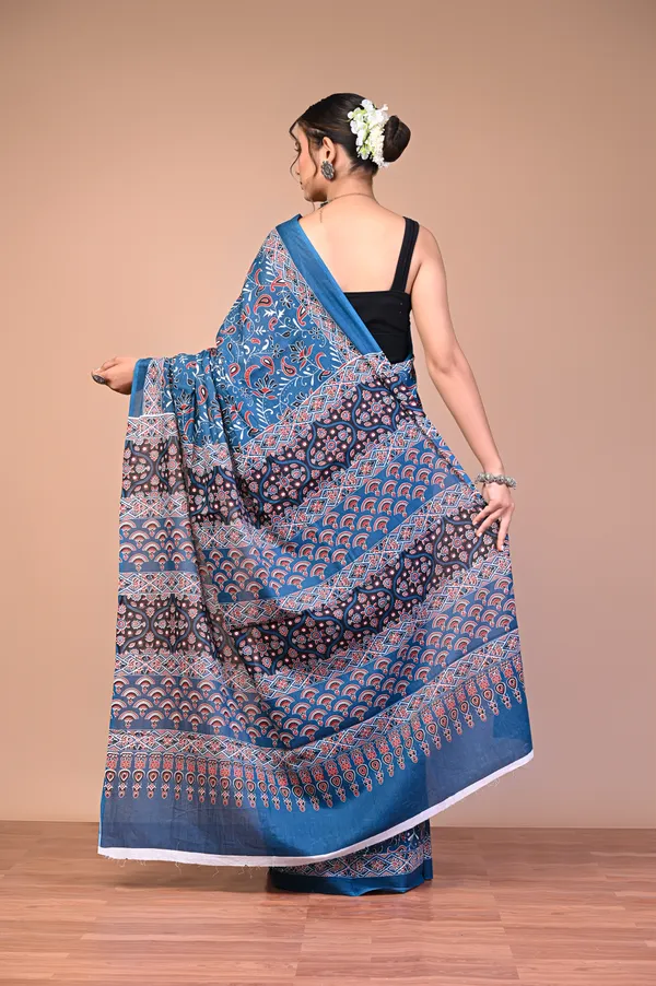 Blue_Cotton_Mulmul_Ajrakh_Print_Saree_For_Women