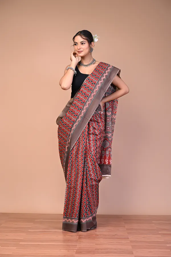 Brown_Cotton_Mulmul_Ajrakh_Print_Saree_For_Women