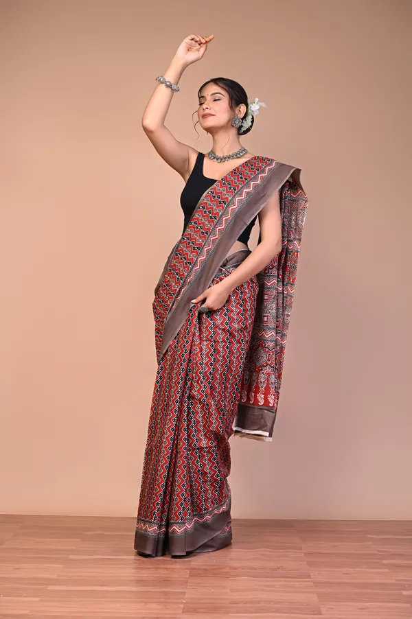 Brown_Cotton_Mulmul_Ajrakh_Print_Saree_For_Women
