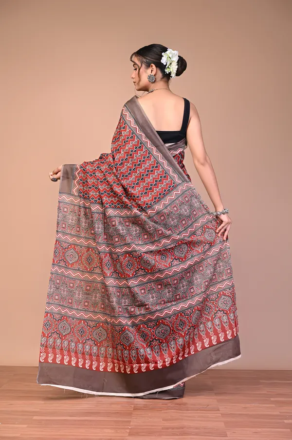 Brown_Cotton_Mulmul_Ajrakh_Print_Saree_For_Women