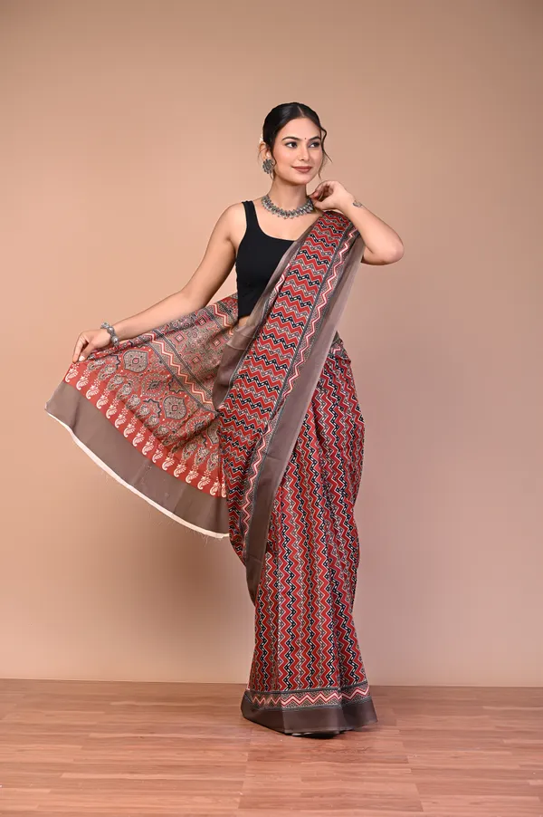 Brown_Cotton_Mulmul_Ajrakh_Print_Saree_For_Women