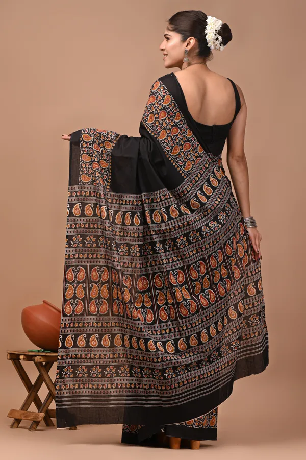 Black_Cotton_Mulmul_Kalamkari_Print_Saree_For_Women