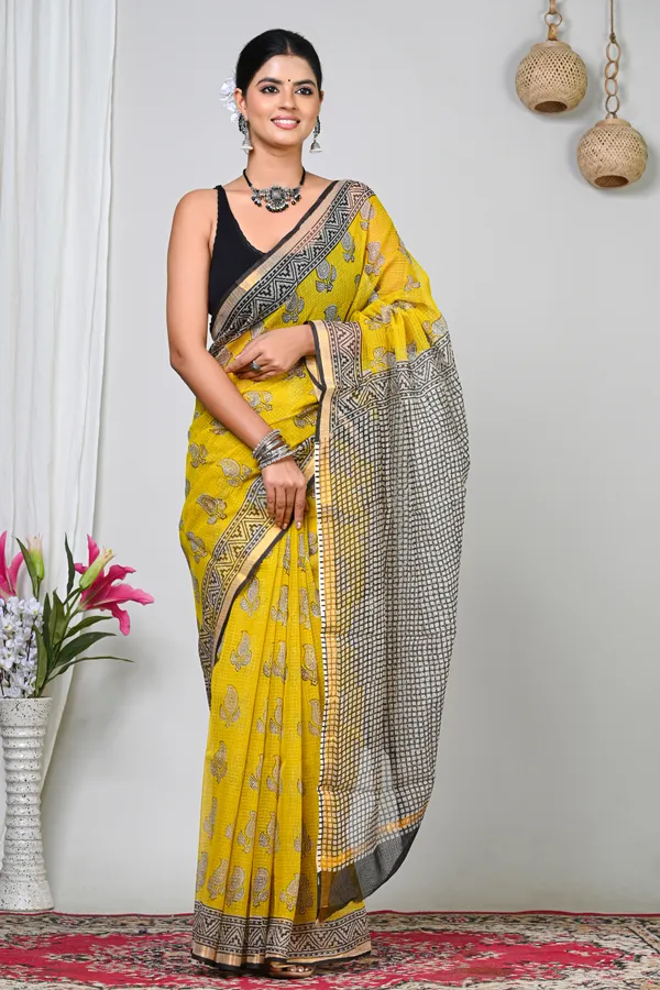 Yellow_Kota_Doriya_Block_Print_Geometric_Border_Saree_For_Women