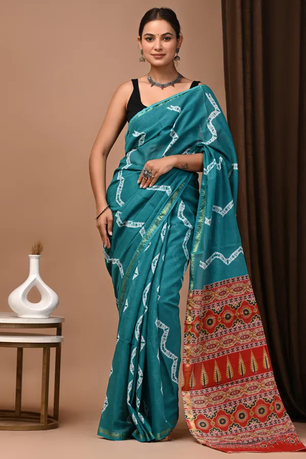 Teal_Blue_Zari_Cotton_Embroidered_Border_Saree_For_Women