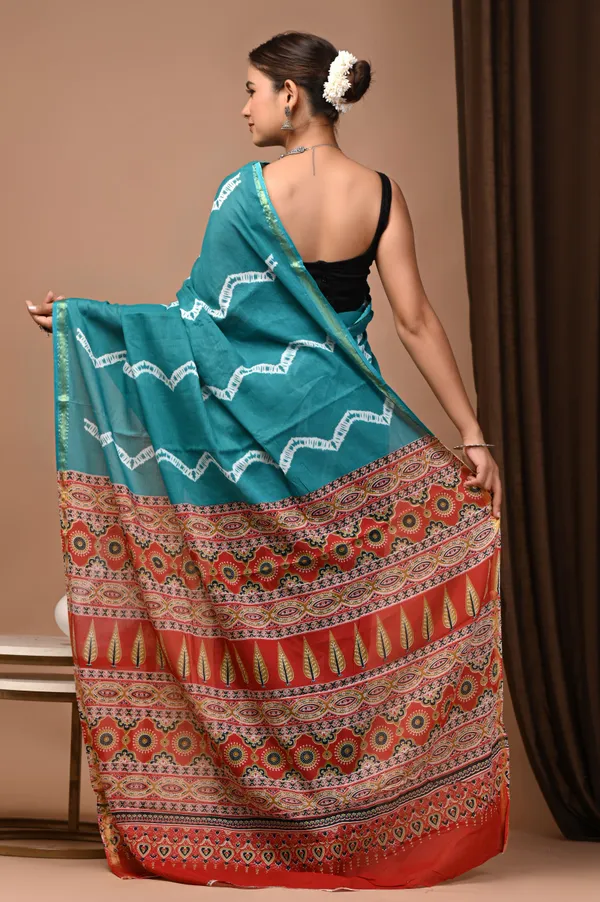 Teal_Blue_Zari_Cotton_Embroidered_Border_Saree_For_Women