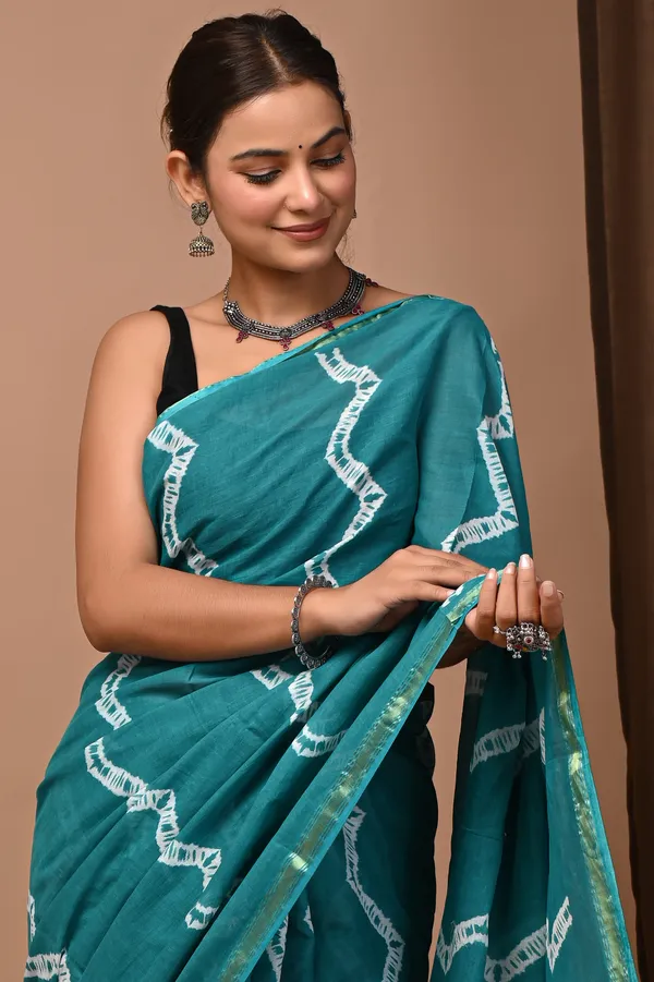 Teal_Blue_Zari_Cotton_Embroidered_Border_Saree_For_Women
