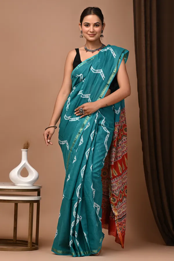Teal_Blue_Zari_Cotton_Embroidered_Border_Saree_For_Women