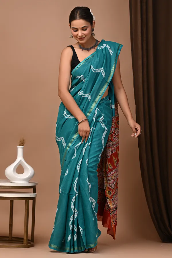 Teal_Blue_Zari_Cotton_Embroidered_Border_Saree_For_Women