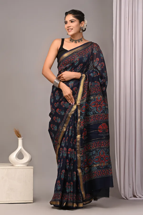 Black_Maheshwari_Silk_Ajrakh_Print_Gold_Border_Saree_For_Women