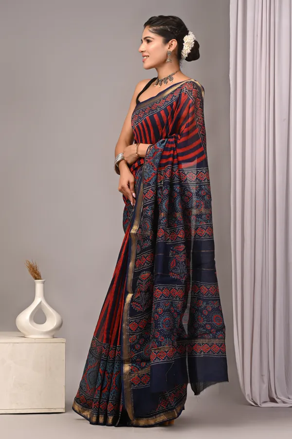 Red_And_Black_Maheshwari_Silk_Striped_Saree_With_Floral_Border_For_Women