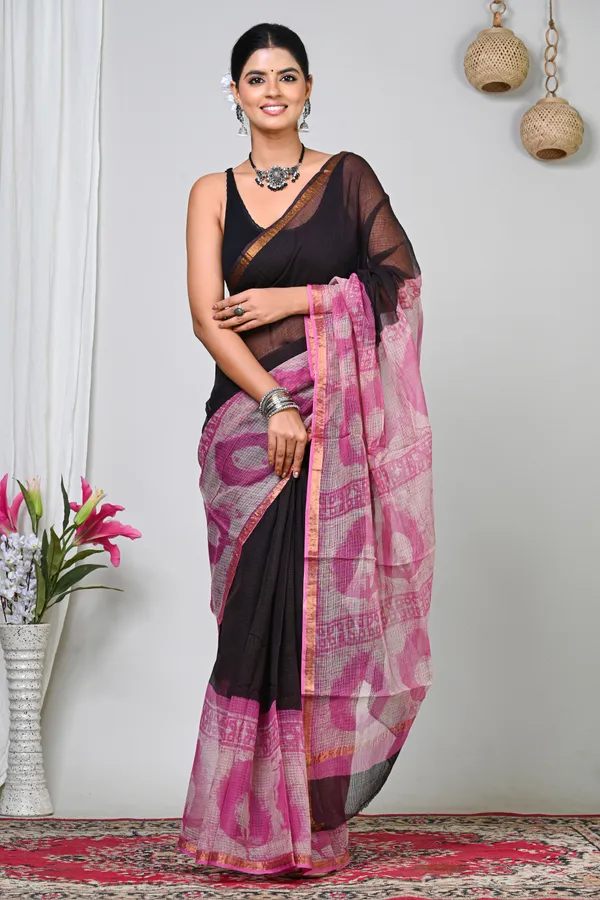 Black_And_Pink_Kota_Doriya_Geometric_Print_Border_Saree_For_Women