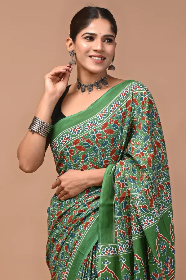 Green_Cotton_Mulmul_Hand_Block_Printed_Saree_For_Women