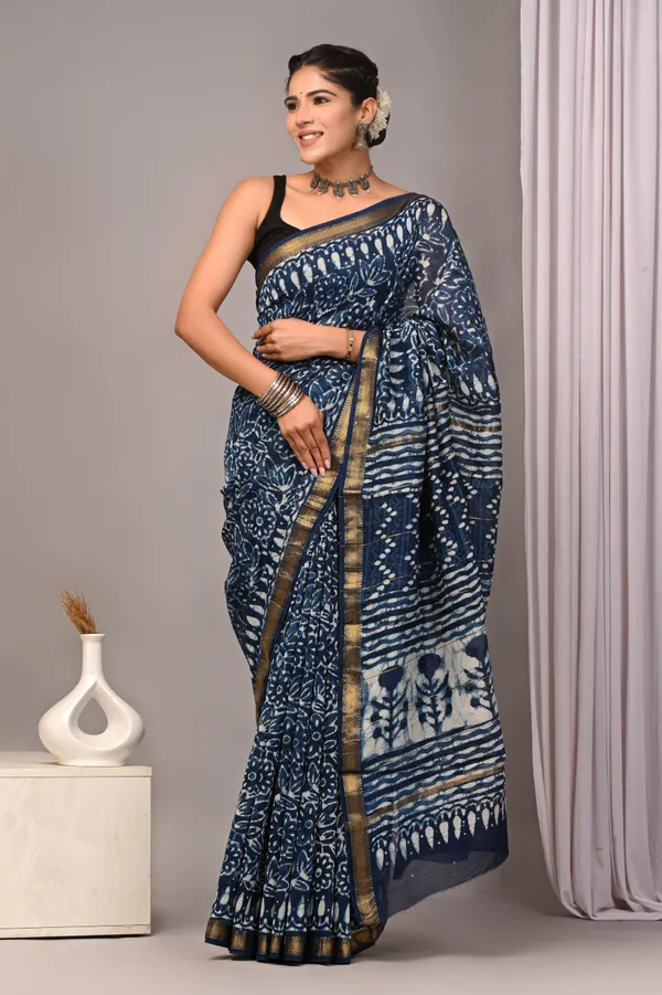 Navy_Blue_Maheshwari_Silk_Dabu_Block_Print_Gold_Border_Saree_For_Women
