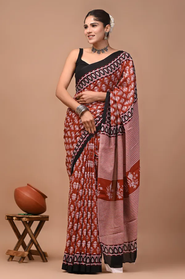Rust_Red_Cotton_Mulmul_Floral_Block_Print_Saree_For_Women