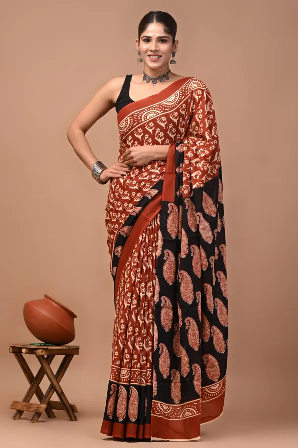 Maroon_And_Black_Cotton_Mulmul_Paisley_Printed_Saree_For_Women