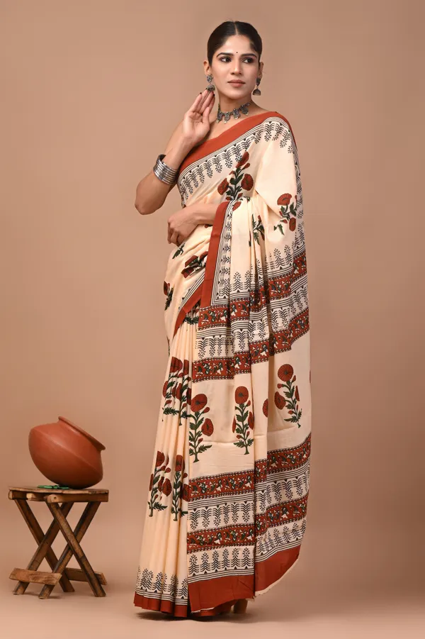 Cream_Cotton_Mulmul_Floral_Print_Saree_For_Women