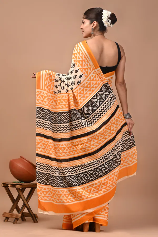 Orange_Cotton_Mulmul_Floral_Block_Printed_Saree_For_Women