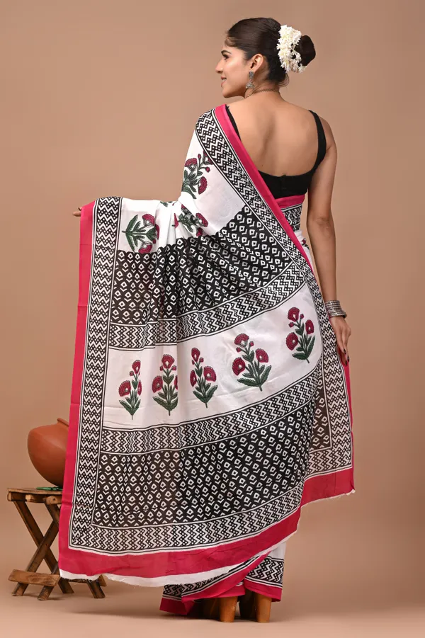 White_And_Black_Cotton_Mulmul_Floral_Print_Saree_For_Women