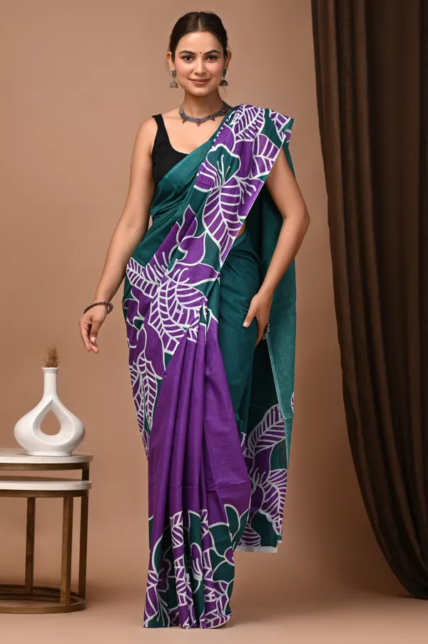 Purple_And_Teal_Cotton_Mulmul_Floral_Printed_Saree_For_Women
