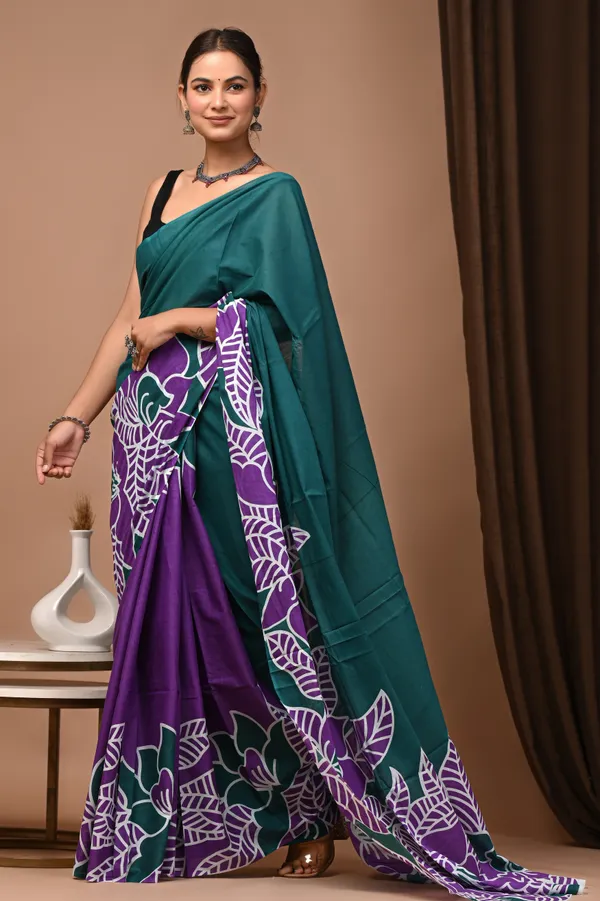 Purple_And_Teal_Cotton_Mulmul_Floral_Printed_Saree_For_Women