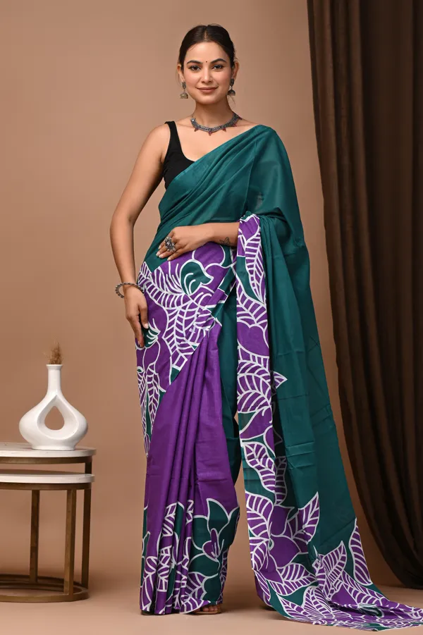 Purple_And_Teal_Cotton_Mulmul_Floral_Printed_Saree_For_Women