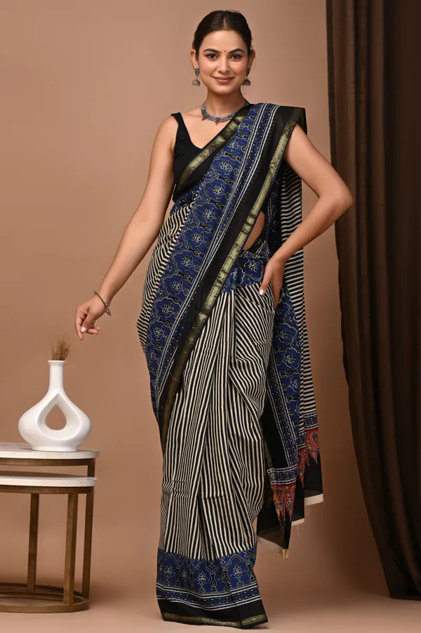 Black_And_Blue_Zari_Cotton_Handloom_Striped_Floral_Border_Saree_For_Women