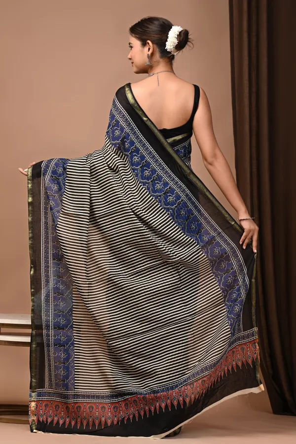 Black_And_Blue_Zari_Cotton_Handloom_Striped_Floral_Border_Saree_For_Women