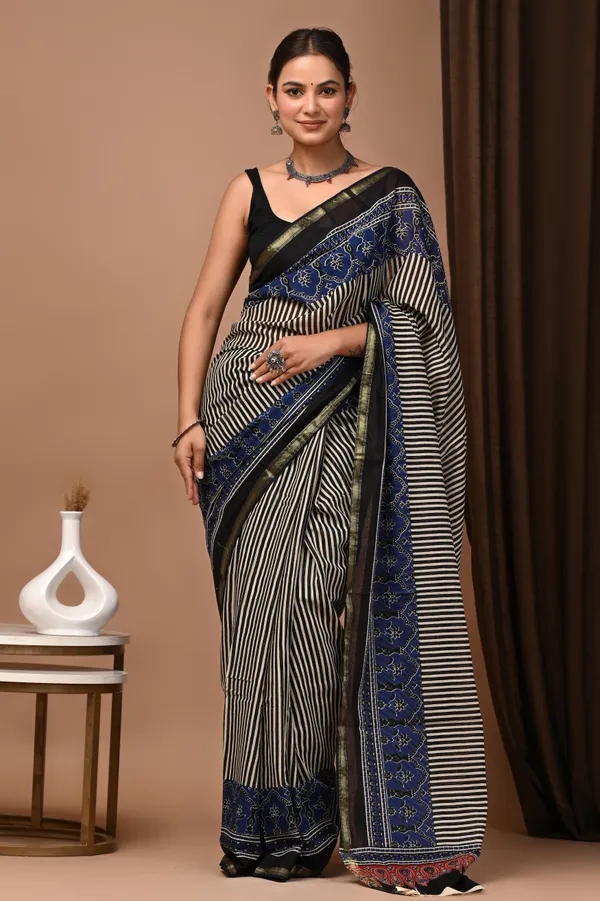 Black_And_Blue_Zari_Cotton_Handloom_Striped_Floral_Border_Saree_For_Women