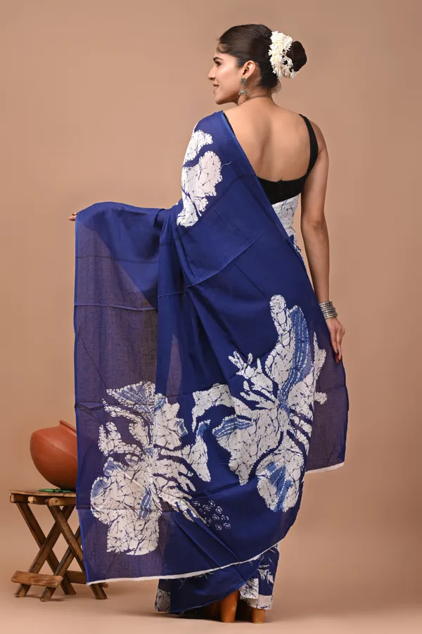 Blue_Cotton_Mulmul_Batik_Floral_Print_Saree_For_Women