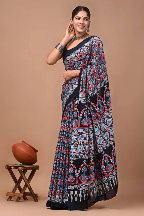 Black_Cotton_Mulmul_Ajrakh_Hand_Block_Printed_Saree_For_Women