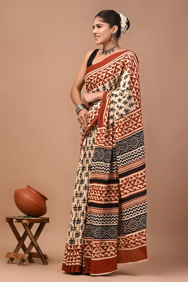 Beige_Cotton_Mulmul_Block_Printed_Saree_For_Women