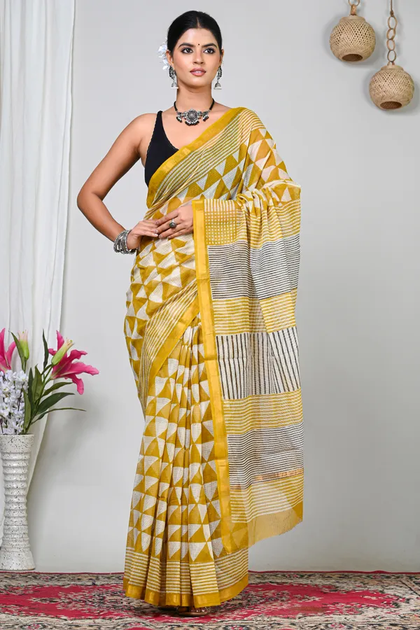 Yellow_Kota_Doriya_Geometric_Print_Saree_For_Women