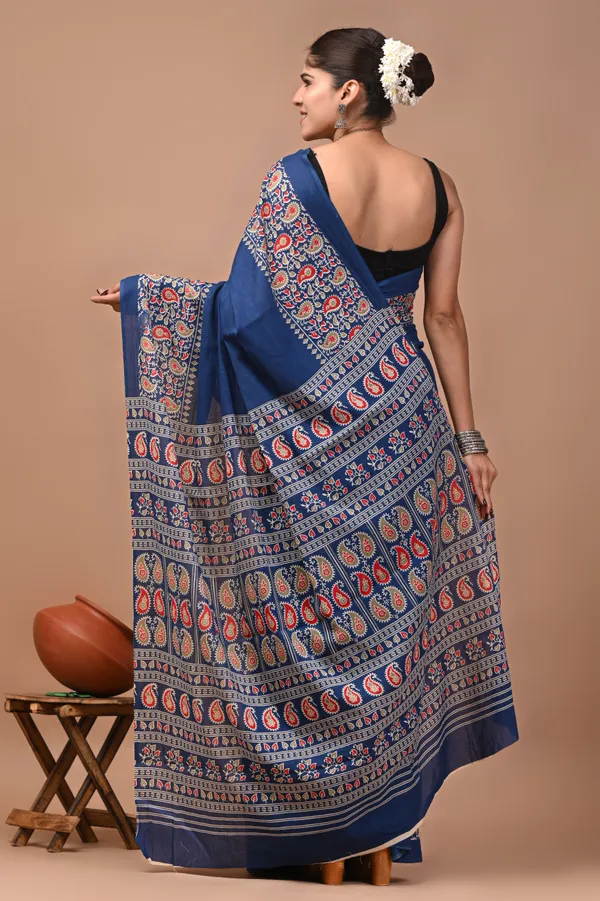 Blue_Cotton_Mulmul_Ajrakh_Block_Print_Saree_For_Women