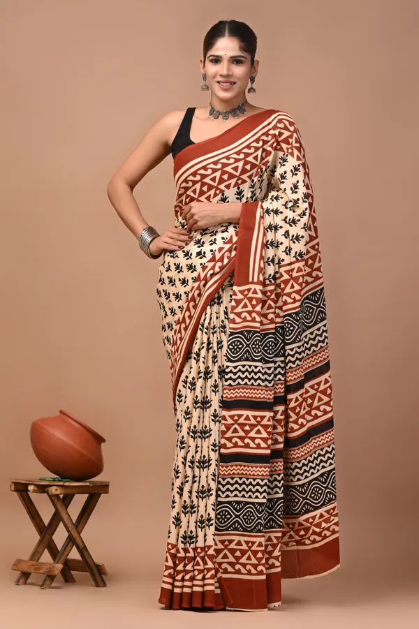 Beige_Cotton_Mulmul_Block_Printed_Saree_For_Women