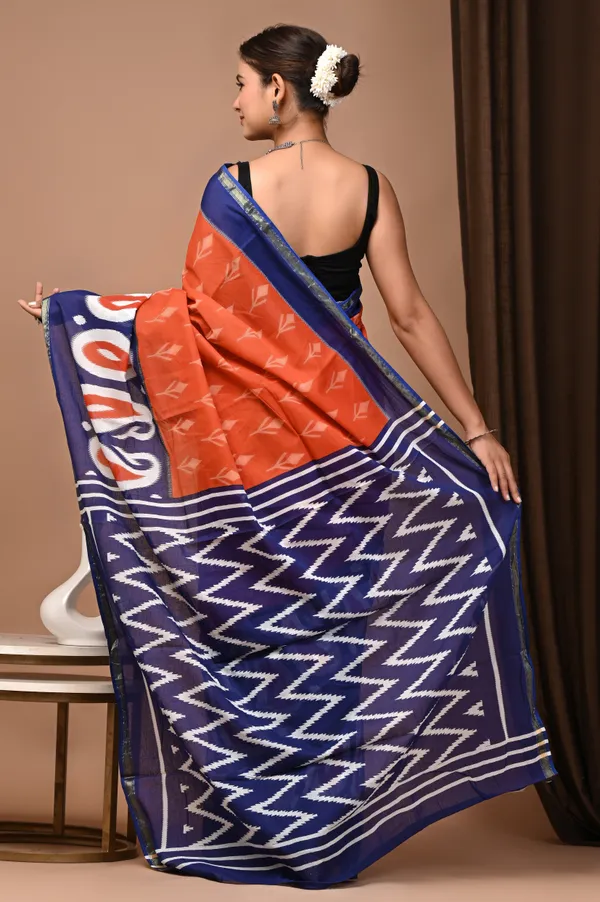 Orange_And_Blue_Zari_Cotton_Ikat_Print_Saree_For_Women