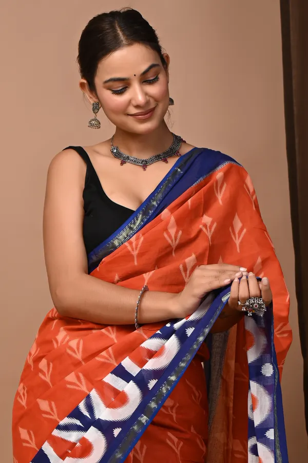 Orange_And_Blue_Zari_Cotton_Ikat_Print_Saree_For_Women