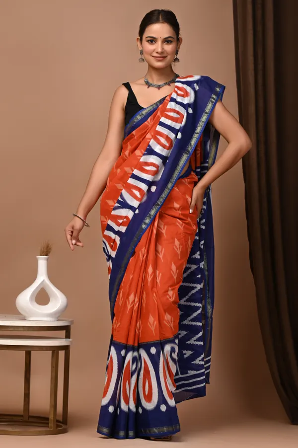 Orange_And_Blue_Zari_Cotton_Ikat_Print_Saree_For_Women