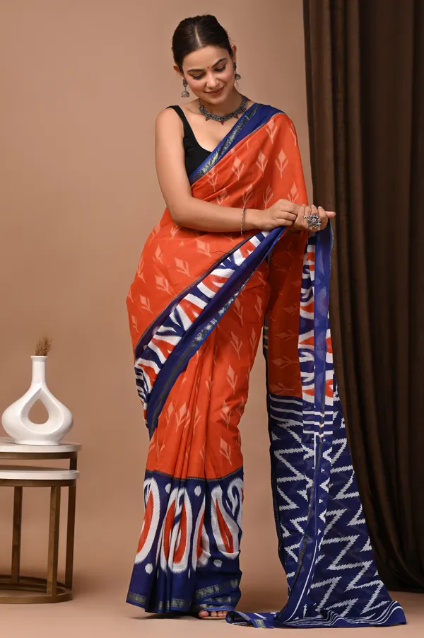 Orange_And_Blue_Zari_Cotton_Ikat_Print_Saree_For_Women