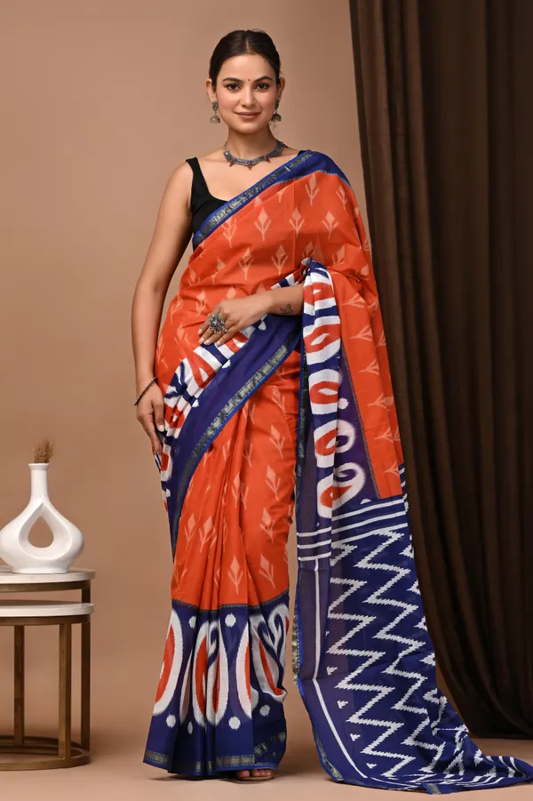 Orange_And_Blue_Zari_Cotton_Ikat_Print_Saree_For_Women