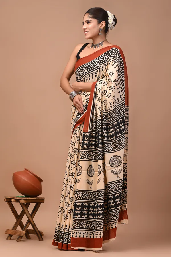Beige_And_Black_Cotton_Mulmul_Floral_Print_Saree_For_Women