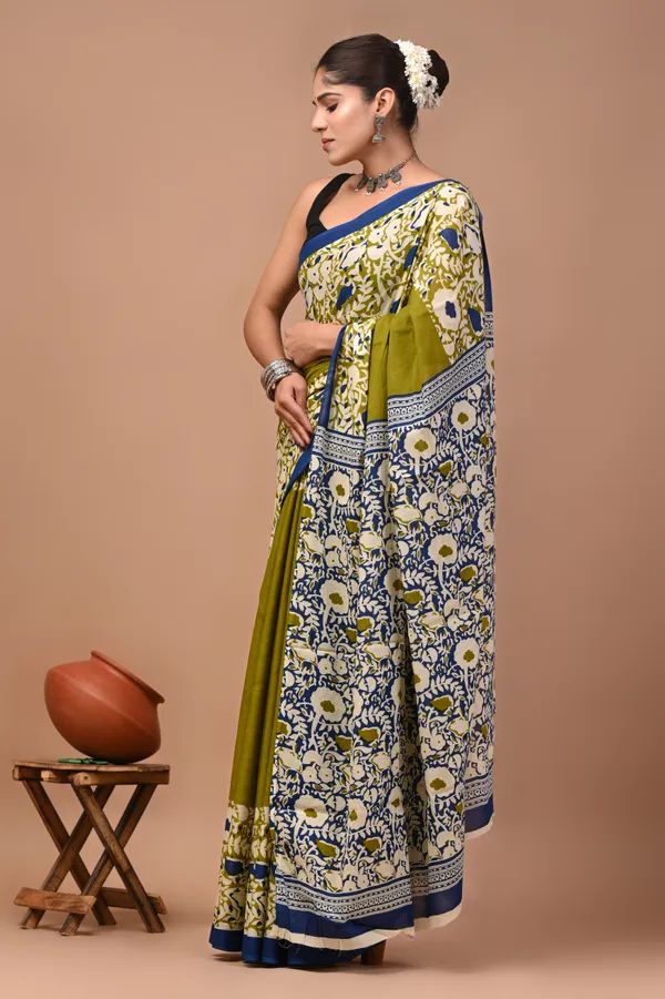 Olive_Green_Cotton_Mulmul_Kalamkari_Print_Saree_For_Women