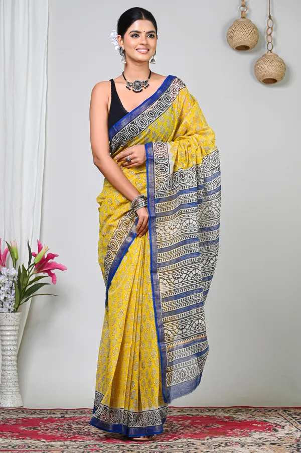 Yellow_Kota_Doriya_Floral_Printed_Contrast_Border_Saree_For_Women