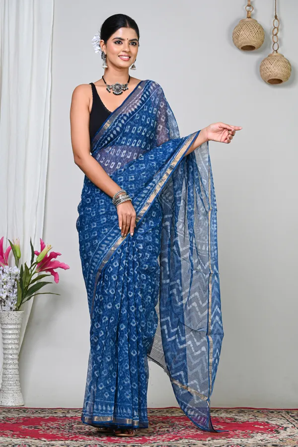 Blue_Kota_Doriya_Handwoven_Ikat_Print_Saree_For_Women
